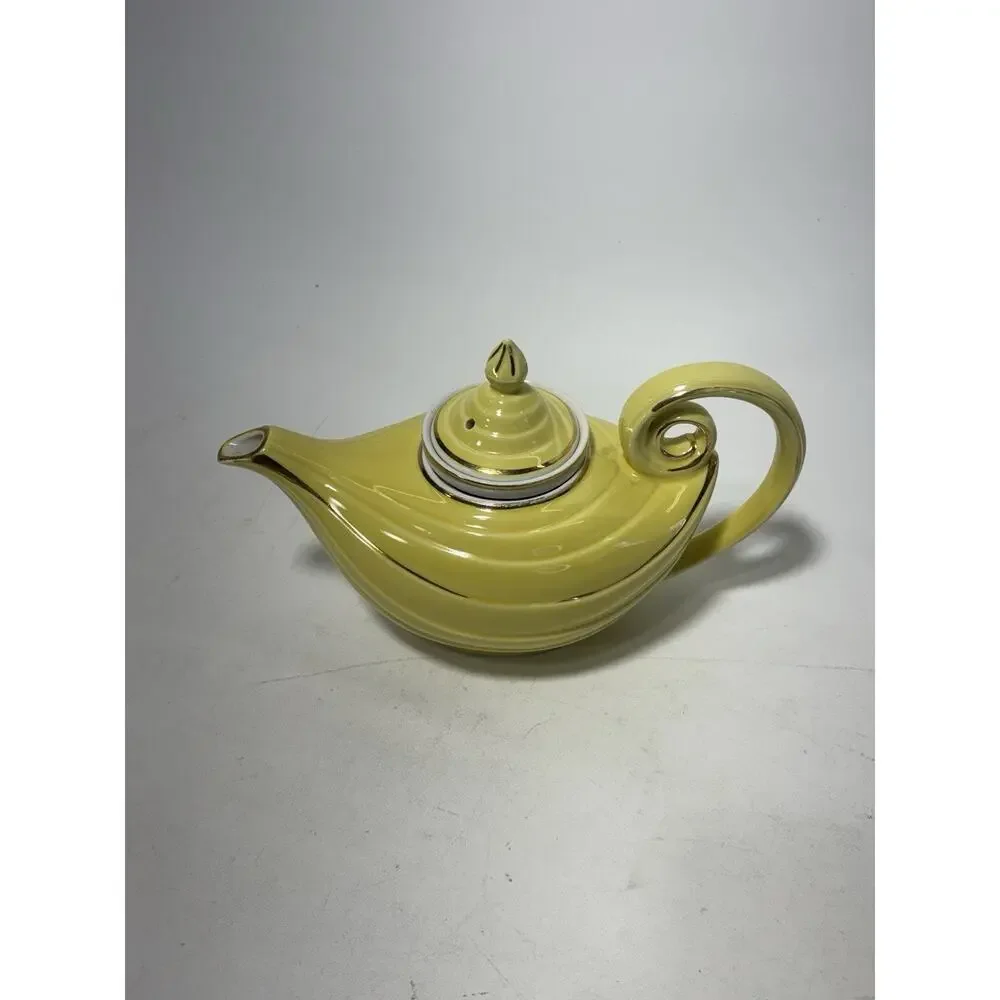 Vintage Hall China 6 Cup Teapot w/ Infuser Yellow Gold Trim USA Art Deco MCM